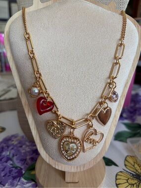Boutique Gold-Tone Multi Heart Charm Necklace with Red Accents